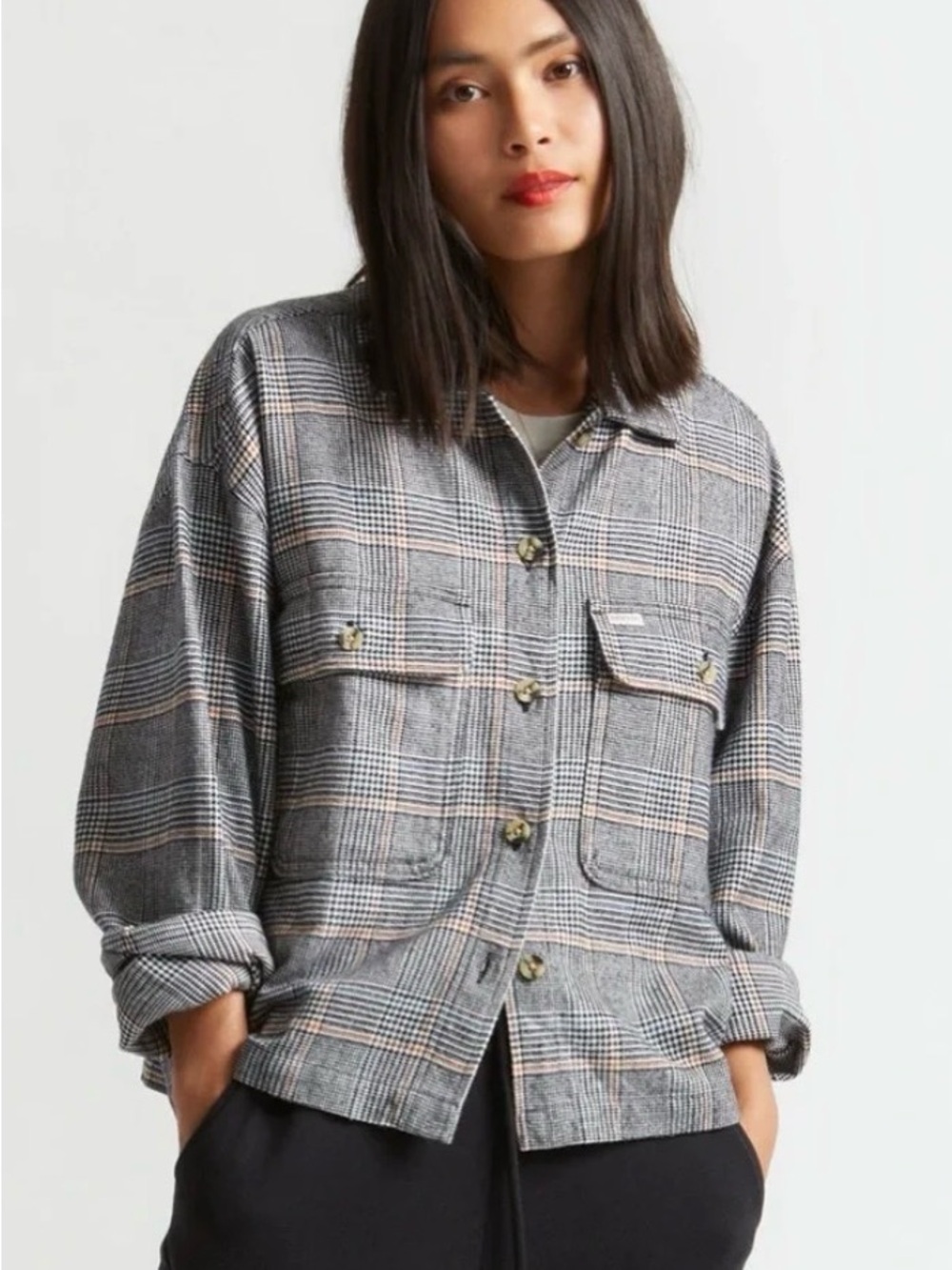 Brixton Bowery Houndstooth Plaid Flannel Cropped Streetwear Cabin Shacket Cotton